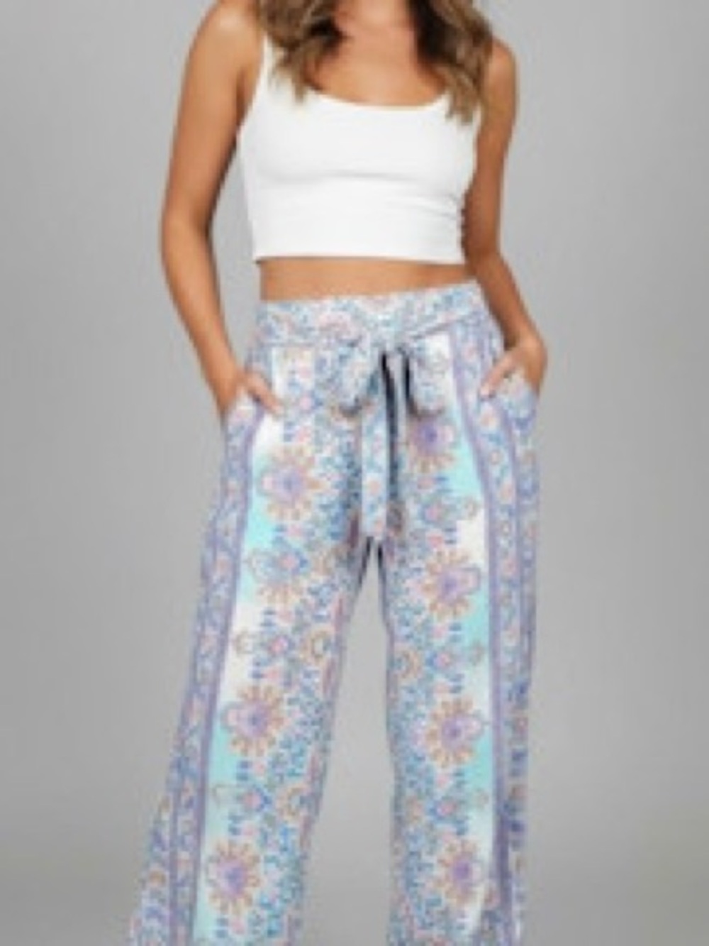 Elastic Waist Front Tie Pants Floral OSM